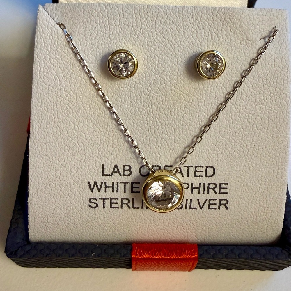 Lab Created White Sapphire Earrings and necklace. gold over sterling silver